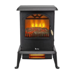 KUNEREN Electric Fireplace Stove Space Heater 1500W Portable Freestanding with Thermostat, Realistic Flame Logs Vintage Design for Corners