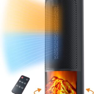 KUPPET Oscillating Fan & Heater Combo Tower, 3D Realistic Flame Effect for Indoor Use – Remote – Control – 12H Timer – Tip-over&Overheating Protection, Adjustable Thermostat for Home, Office, Bedroom, Living Room, Black