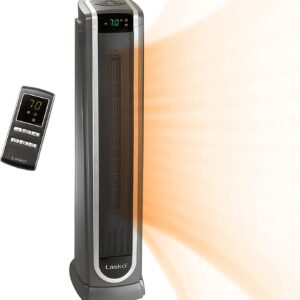 Lasko Ceramic Tower Space Heater with Logic Center Digital Remote Control-Features Built-in Timer and Oscillation, 7.3″L x 9.2″W x 29.75″H, Black 5572