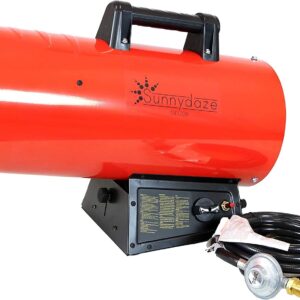 Sunnydaze 125,000 BTU Forced Air Propane Heater – Portable Heat for Construction Sites – Auto-Shutoff for Overheating Protection – Adjustable Heating Output – Piezo Ignition – Red and Black