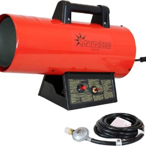 Sunnydaze 40,000 BTU Forced Air Propane Heater – Portable Heat for Construction Sites – Auto-Shutoff for Overheating Protection – Adjustable Heating Output – Piezo Ignition – Red and Black