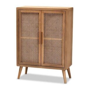 Baxton Studio Alina Mid-Century Modern Medium Finished Wood and Rattan 2-Door Accent Storage Cabinet