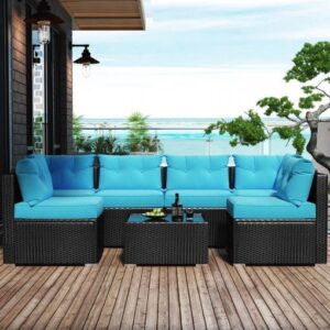 Blue Sofa Chair Set Outdoor w/ Cushions and Tea Table