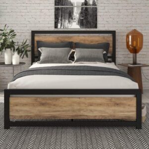 Brown Queen Bed Frame w/ Modern Wood Headboard, Box-Spring Not Required