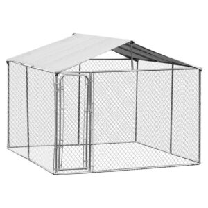 PawHut 10′ x 10′ x 6′ Outdoor Chain Link Box Kennel Dog House with Cover – Silver