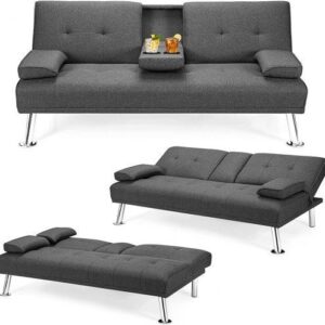 POWERSTONE Futon Sofa Bed – Upholstered Modern Convertible Sofa Couch Sleeper with Removable Armrests, Metal Leg and 2 Cup Holders, Memory Foam Cushion Living Room Furniture Home Recliner,Grey
