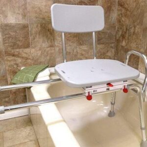 Swiveling and Sliding Bathtub Transfer Bench and Shower Chair (Reg) (77662). Swiveling and Sliding system, Multiple Safety Features, Tool-Less Assembly, Height Adjustable and High Weight Capacity.