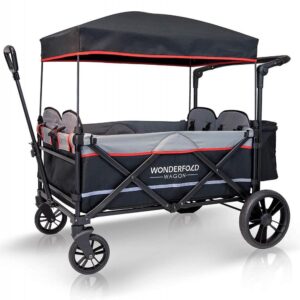 WonderFold Baby XXL 4-Passenger Pull/Push Quad Stroller Wagon with Adjustable Handle Bar, Removable Canopy, Safety Seats with 5-Point Harness, One-Step Foot Brake (Black)