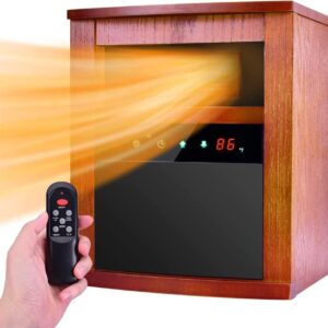 Electric Space Heater, 1500W Infrared Heater with 3 Heat Modes, Remote Control & Timer, Room Heater with Overheat & Tip-Over Shut Off Protection, Wood Cabinet Heater for Large Room, Low Noise, Brown