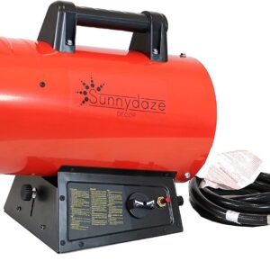 Sunnydaze 60,000 BTU Forced Air Propane Heater – Portable Heat for Construction Sites – Auto-Shutoff for Overheating Protection – Adjustable Heating Output – Piezo Ignition – Red and Black