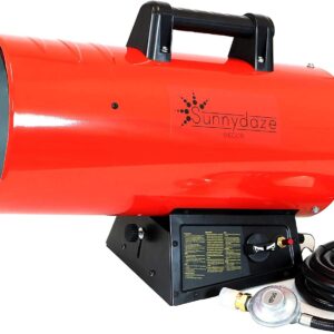 Sunnydaze 85,000 BTU Forced Air Propane Heater – Portable Heat for Construction Sites – Auto-Shutoff for Overheating Protection – Adjustable Heating Output – Piezo Ignition – Red and Black
