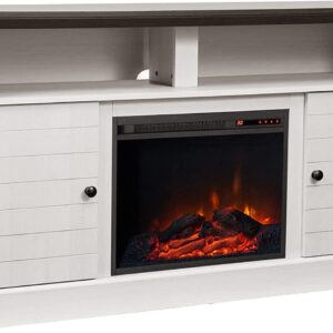 Teamson Home Eliana Remote Control Electric Fireplace Wooden TV Stand Storage Cabinet with 2 Doors Cubbies and Adjustable Shelves for TVs up to 65 inch, 60 inch Width, Dark Oak and White