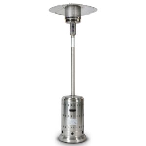 46000 BTU Stainless Mushroom Outdoor Patio Heater with Hollow Pattern on Tank housing, with Two Smooth-rolling Wheels,with Hose Set,with Black Cover,Pole in two pieces(Upper and Bottom)
