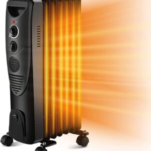 Electric Space Heater 1500W, Portable Oil Heater with 3 Heat Settings, Oil Filled Radiator Heater for Home/Office, Black