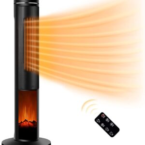 Electric Space Heater for Large Room – 36″ Ceramic Tower Space Heater for Room Heating w/ Thermostat, Fast Heating, 3D Realistic Flame, Oscillating, Remote Control, Ideal for Home/Livingroom