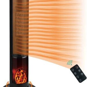 Electric Tower Space Heater 12h Timer Shaking Angle Tip-Over and Overheat Protection with Remote Control and Simulated Flame size 11.8″*11.8″*21.2″