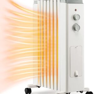GOFLAME Oil Filled Radiator Heater, 1500W Electric Portable Space Heater with 3 Heat Settings and Built-In Thermostat, Oil Heater with Wheels, Tip-Over & Overheat Protection for Home Office (White)
