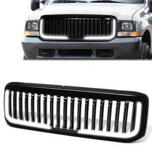 99-04 Ford F250 F350 F450 F550 Super Duty Front Grille+LED Bar - Vertical Fence Style - Black