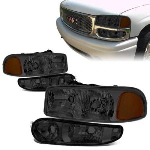 01-07 GMC Sierra Yukon XL 1500 Denali Headlights+Bumper Lamp - Smoked Housing Amber Corner