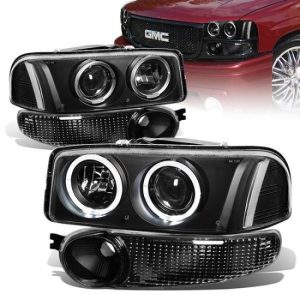 01-07 GMC Sierra 1500 Yukon XL Denali LED Halo-Ring Projector Headlights+Bumper Lamps - Black