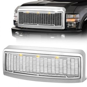 08-10 Ford F250 F350 F450 F550 Super Duty Front Grille+LED - Honeycomb Mesh - Chrome