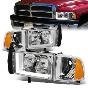 94-02 Dodge Ram 1500 2500 3500 LED DRL Headlights - Chrome Housing Amber Corner