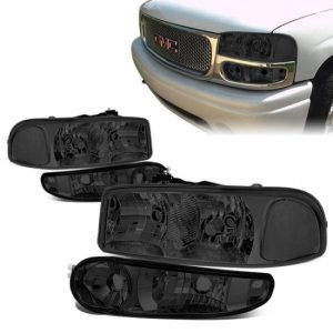01-07 GMC Sierra Yukon XL 1500 Denali Headlights+Bumper Lamp - Smoked Housing Clear Corner