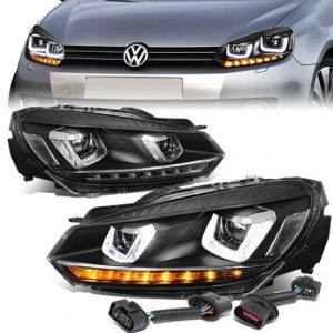 10-14 Volkswagen Golf GTI LED DRL+Sequential Turn Signal Projector Headlights - Black