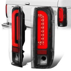90-97 Ford F150 F250 F350 Bronco Red LED Bar Rear Brake Tail Lights - Black Housing