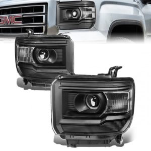 14-18 GMC Sierra 1500 2500 3500 HD Projector Headlights - Black Housing Clear Corner