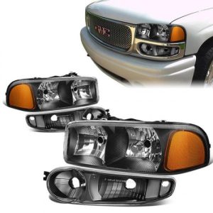 01-07 GMC Sierra Yukon XL 1500 Denali Headlights+Bumper Lamp - Black Housing Amber Corner