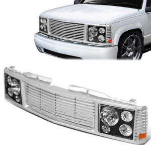 94-00 Chevy GMC C/K 1500 2500 3500 Black Housing Headlights+Silver Front Grille