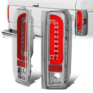 90-97 Ford F150 F250 F350 Bronco Red LED Bar Rear Brake Tail Lights - Chrome Housing