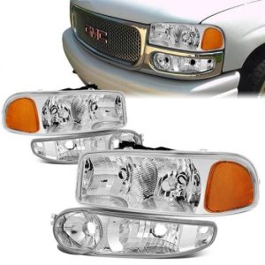 01-07 GMC Sierra Yukon XL 1500 Denali Headlights+Bumper Lamp - Chrome Housing Amber Corner