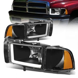 94-02 Dodge Ram 1500 2500 3500 LED DRL Headlights - Black Housing Amber Corner