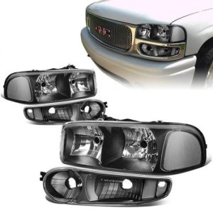 01-07 GMC Sierra Yukon XL 1500 Denali Headlights+Bumper Lamp - Black Housing Clear Corner