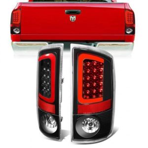 02-06 Dodge Ram 1500 2500 3500 Red C-Bar LED Rear Brake Tail Lights - Black