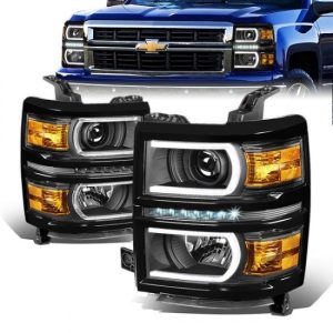14-15 Chevy Silverado 1500 LED DRL Projector Headlights - Black Housing Amber Corner