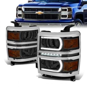 14-15 Chevy Silverado 1500 LED DRL Projector Headlights - Smoked Housing Amber Corner