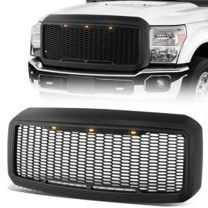 11-16 Ford F250 F350 F450 F550 Super Duty Front Grille+LED - Honeycomb Mesh - Matte Black