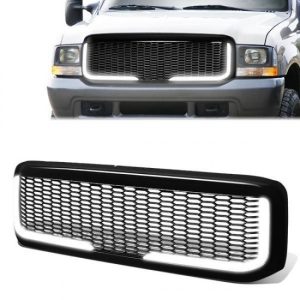 99-04 Ford F250 F350 F450 F550 Super Duty Front Grille+LED Bar - Honeycomb Mesh - Black