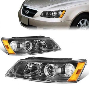 06-08 Hyundai Sonata Projector Headlights - Black Housing Amber Corner