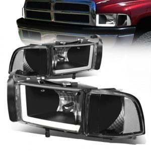 94-02 Dodge Ram 1500 2500 3500 LED DRL Headlights - Black Housing Clear Corner